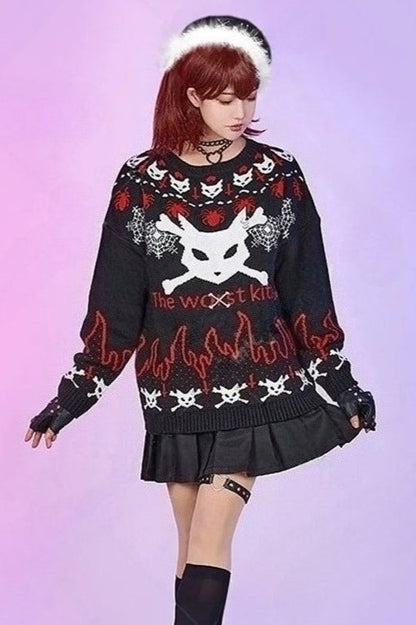 Gothic Christmas Cat Head Pattern Crew Neck Women's Knit Sweater