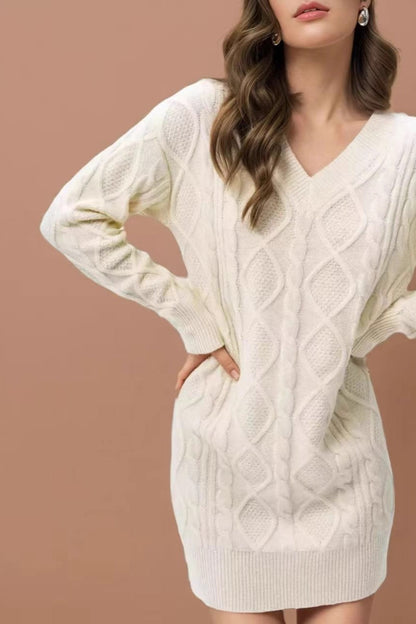 V-Neck Solid Cable-Knit Sweater Mini Dress