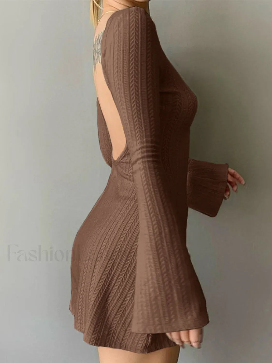 Backless Knitted Long Sleeve Mini Dress