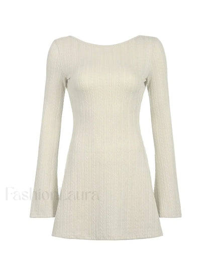 Backless Knitted Long Sleeve Mini Dress