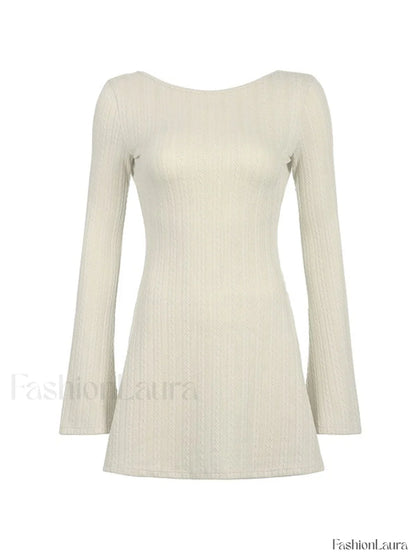 Backless Knitted Long Sleeve Mini Dress