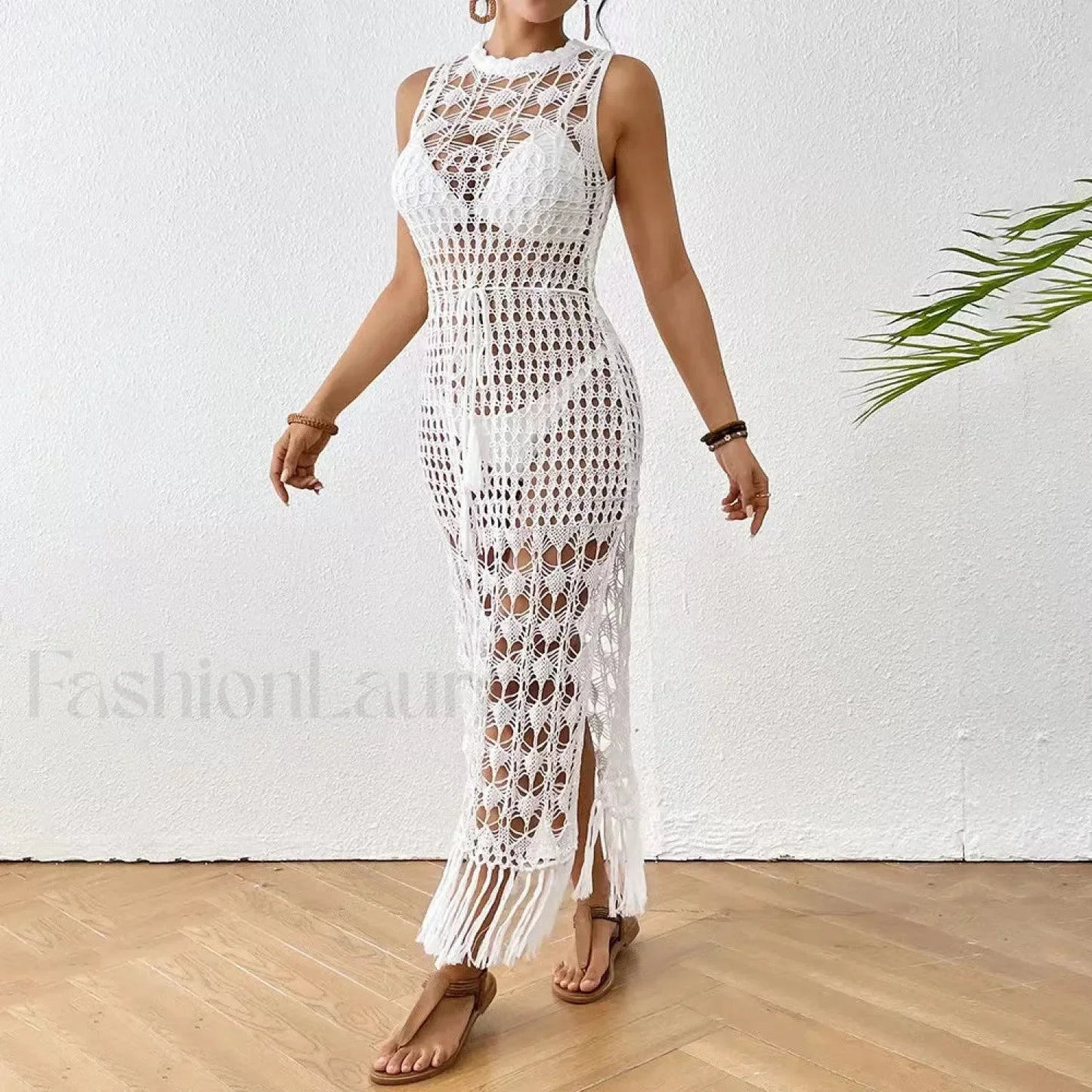 Backless Tassel Solid Dress Cover Up