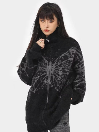 Butterfly Jacquard Turtleneck Warm Cashmere Cardigan Sweater