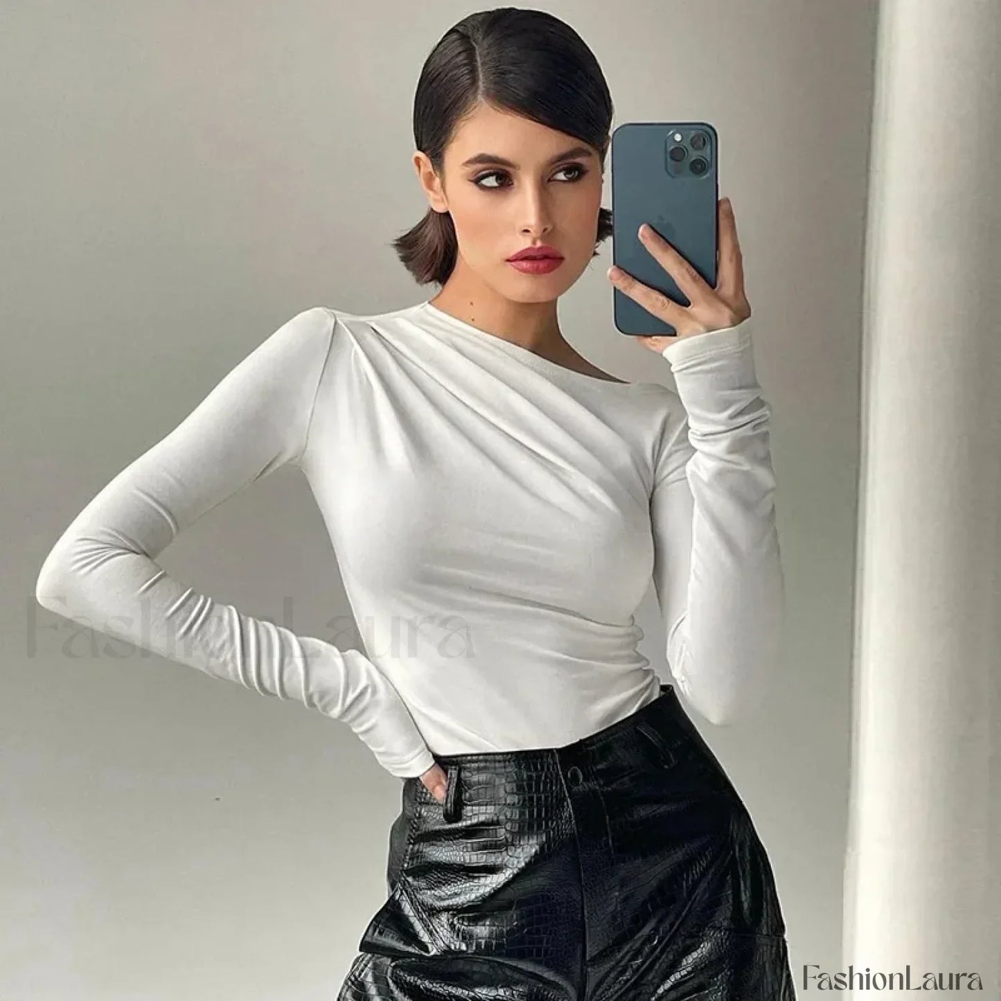 Basic White Skew Neck Long Sleeve Tee