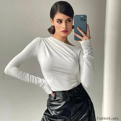 Basic White Skew Neck Long Sleeve Tee