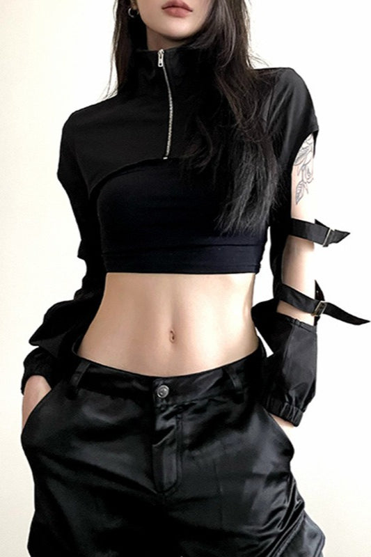 Dark Techwear Zip Up Long Sleeve Crop Top