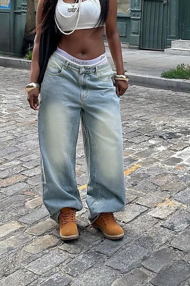 Vintage Washed Wide Straight  Jeans