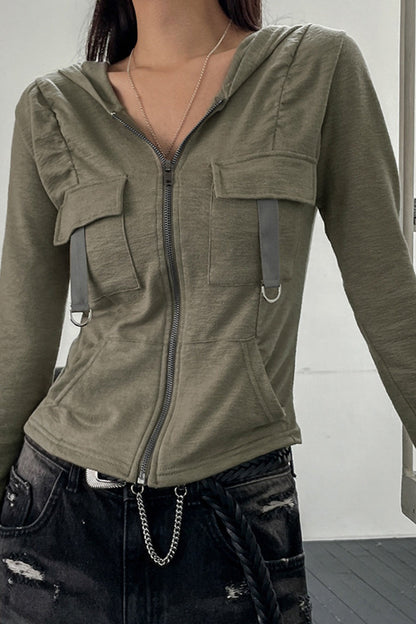 Cargo Pocket Panel Zip-Up Cropped Hoodie