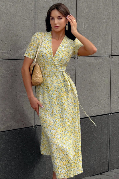 V-Neck Short Sleeve Floral Wrap Dress