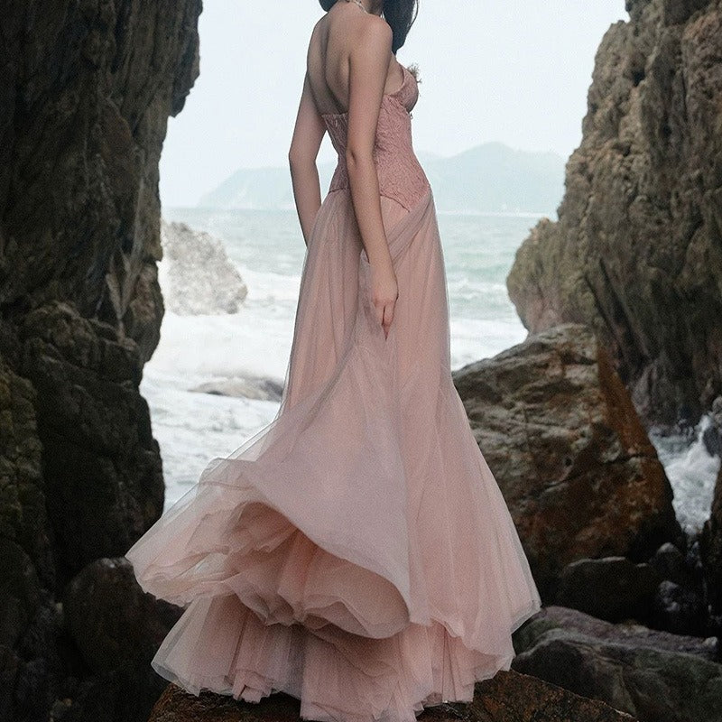 Lace Bone Tube Mesh Flared Prom Dress