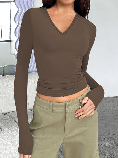 Solid V Neck Slim Long Sleeve Tee