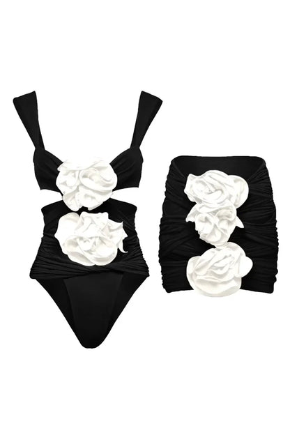 3D Floral Black Swimsuit Set