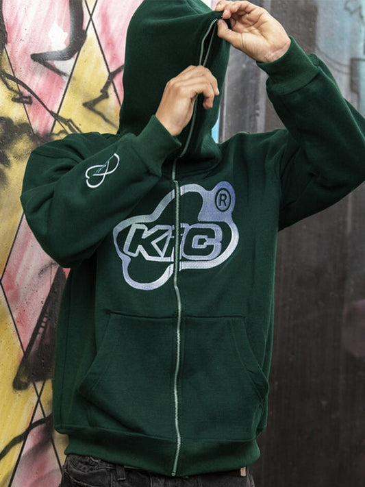 Multi Color Vintage Men's Print Zip Up Oversized Hoodie