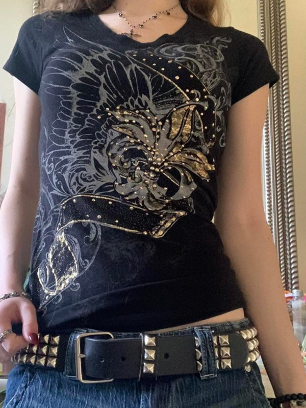 Vintage Printed Rhinestone Short Sleeve Tee
