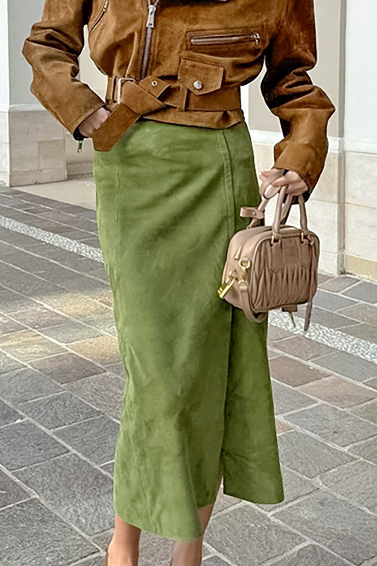 Velvet Green High-Waisted Slit Midi Skirt