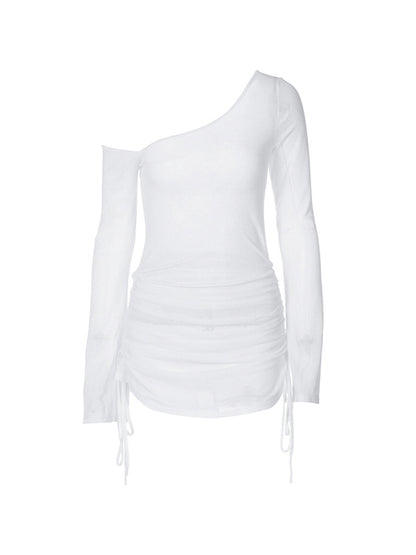 See Through One Shoulder Ruched Drawstring Mini Dress
