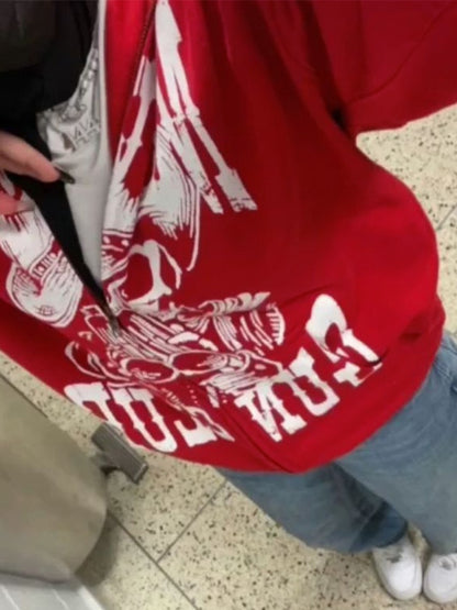 Red Vintage Print Zip Up Oversized Hoodie