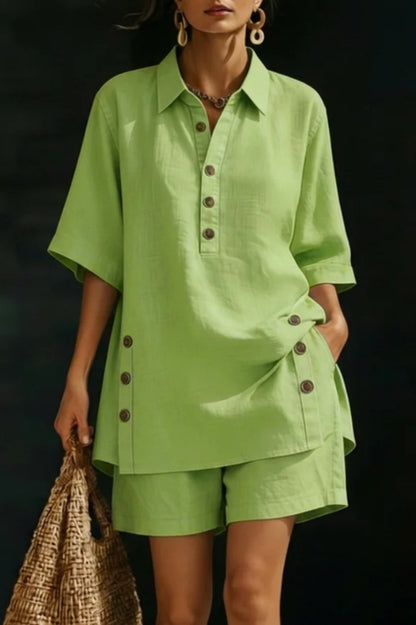 Solid Color Collared Short-sleeved Button-down Loose Top and Elastic Waist Pocket Shorts Set