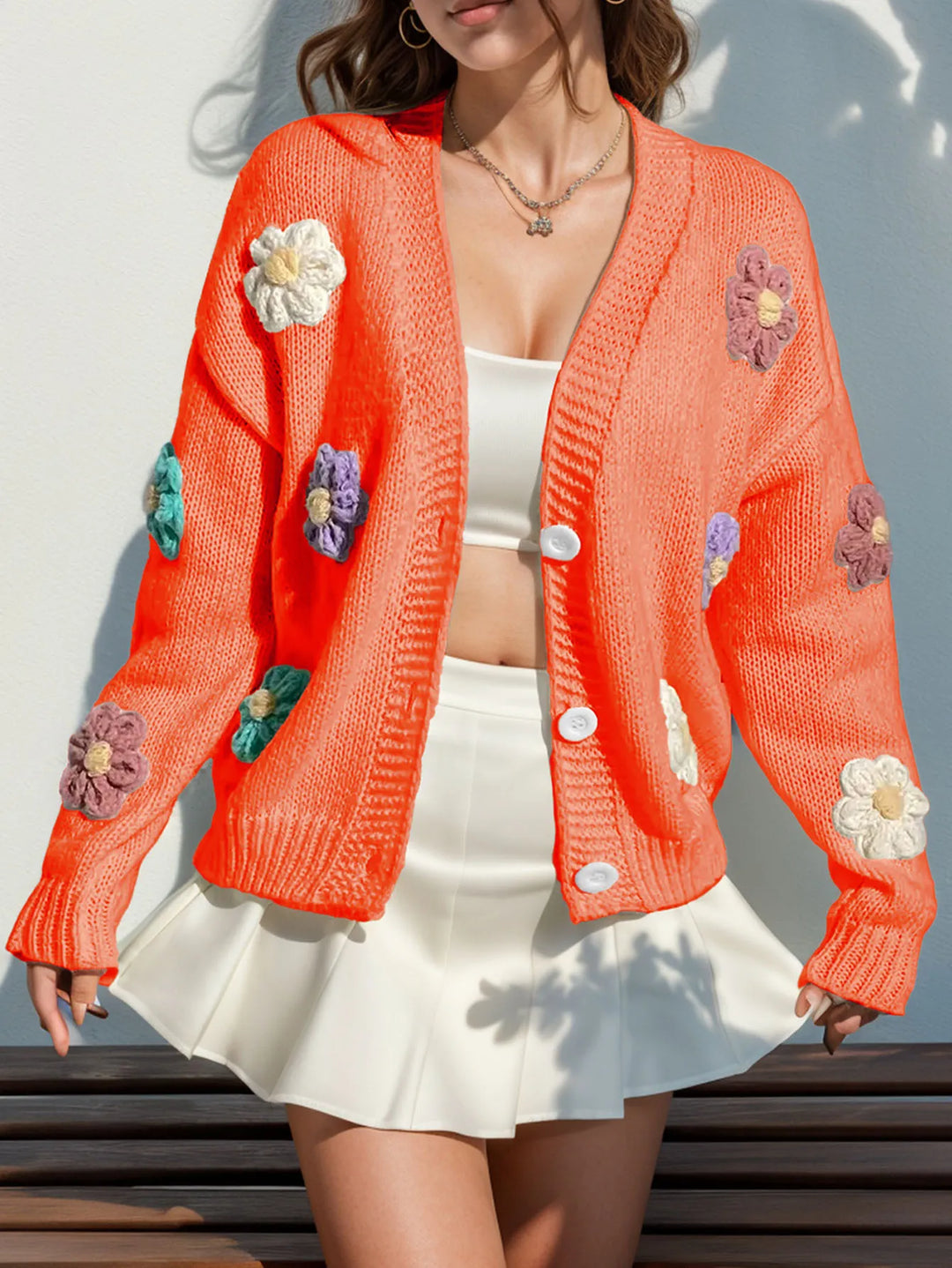 Cárdigan holgado de punto para mujer con bordado floral | Ideal para otoño/invierno