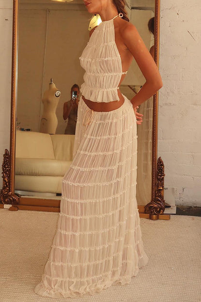 Versatile retro charm pleated drawstring waistline long skirt set