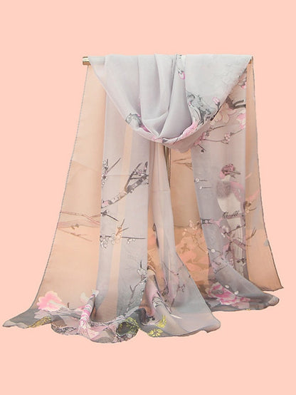 New Chiffon Scarves Women Summer Thin Scarf Shawls And Wraps Flower with Bird Print Hijab Stoles for Women