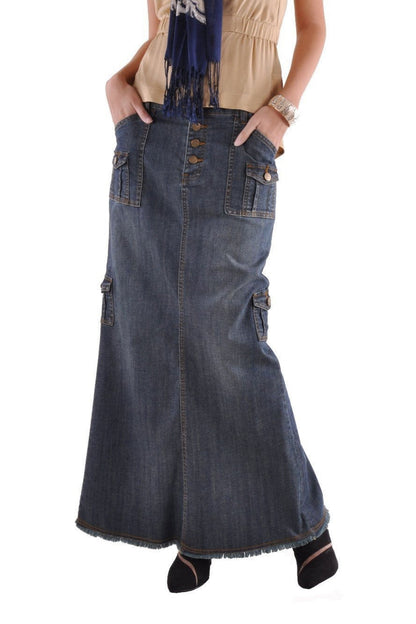 Slim-Fit Multi-Pocket Denim Bodycon Maxi Skirt