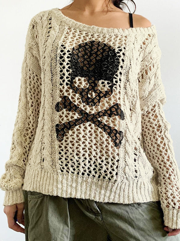 Cutout Skull Print Twist Design Knit Loose Sweater