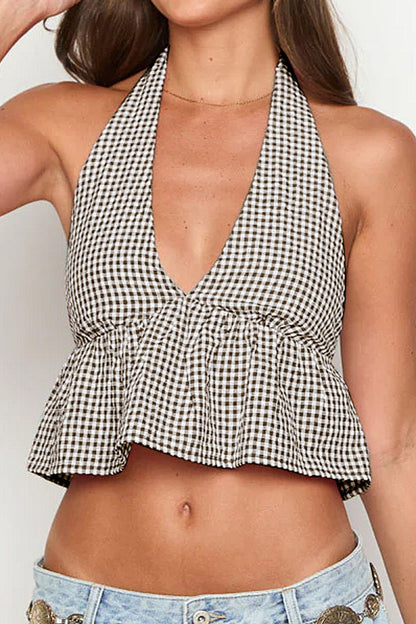 Deep V Halter Backless Checkered Crop Top