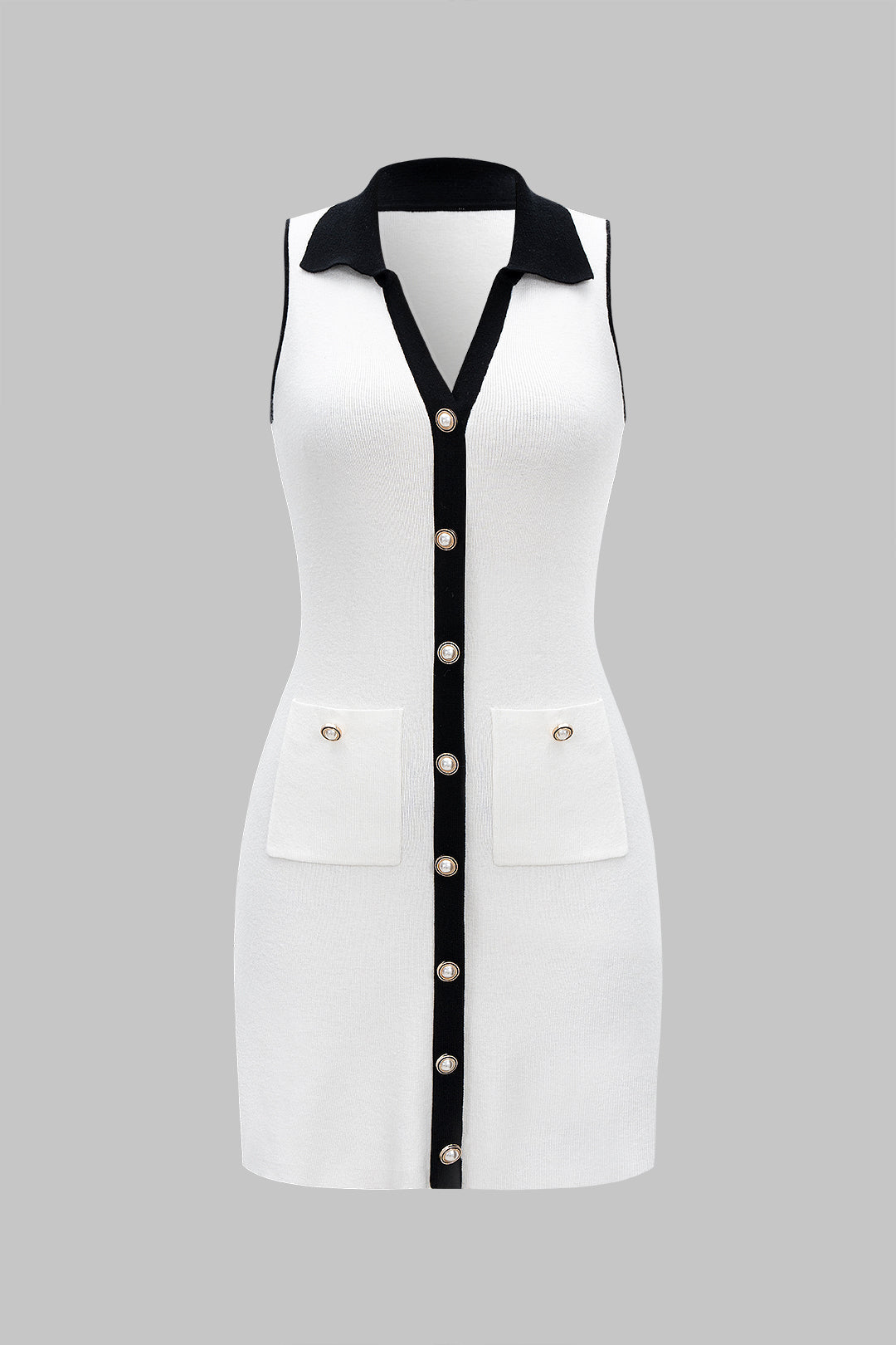 Knit V-Neck Contrast Button Sleeveless Pocket Dress