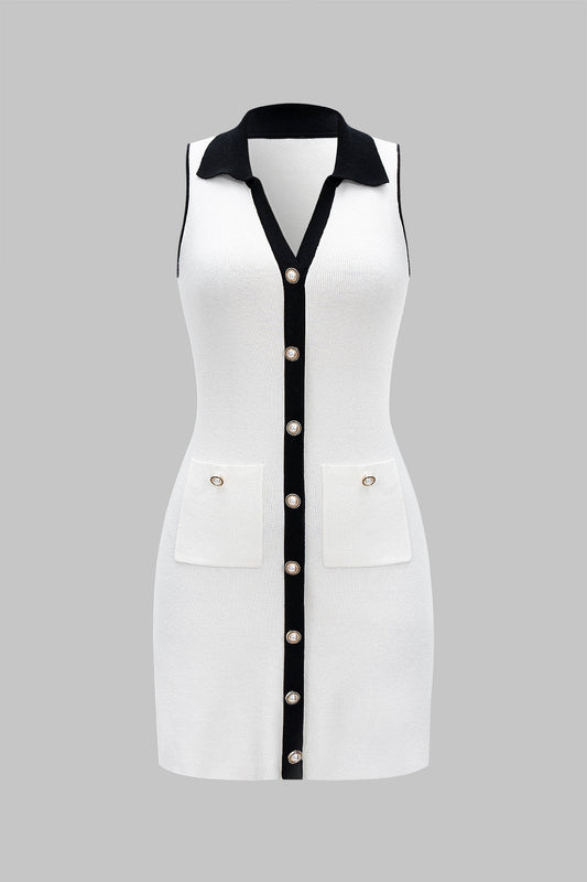 Knit V-Neck Contrast Button Sleeveless Pocket Dress
