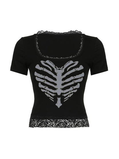Lace Patchwork Skull Print Black Short Sleeve Tees