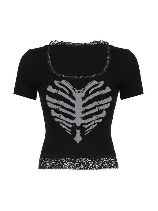 Lace Patchwork Skull Print Black Short Sleeve Tees