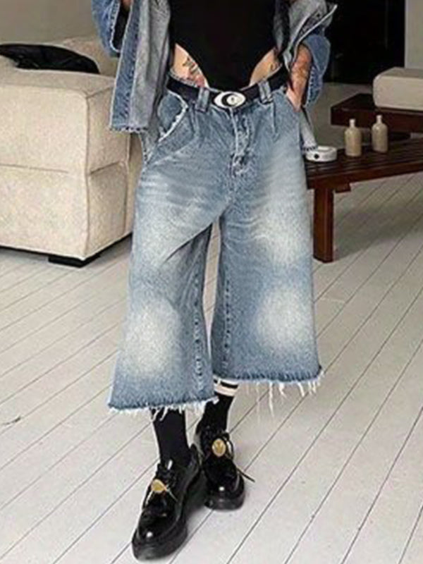Washed Raw Edge Baggy Denim Shorts