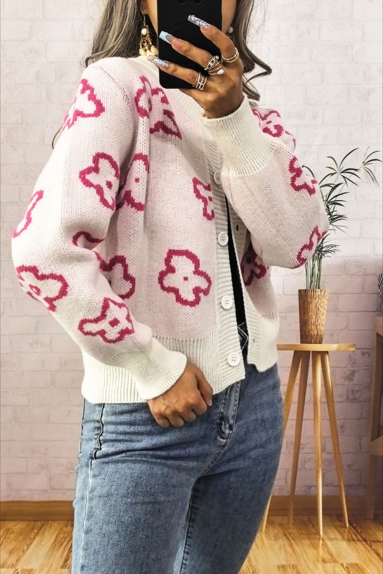Floral Jacquard Short Single-Row Button Knit Cardigan