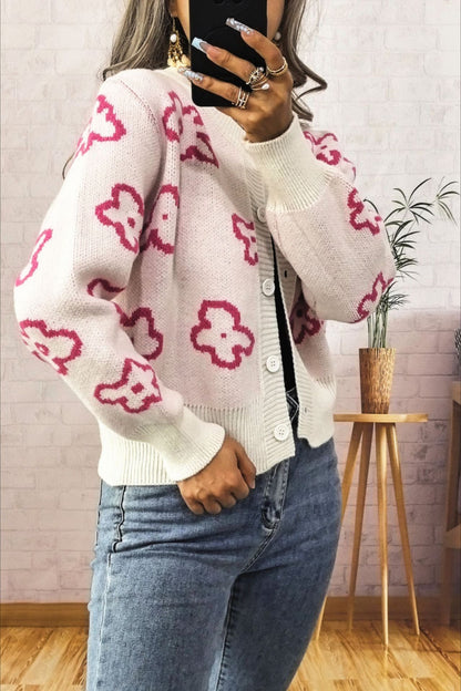 Floral Jacquard Short Single-Row Button Knit Cardigan
