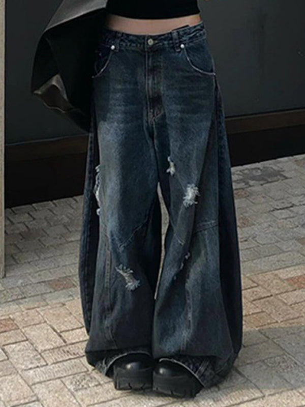 Retro Distressed Dirty Dyed Wide Legs Boyfriend Jeans