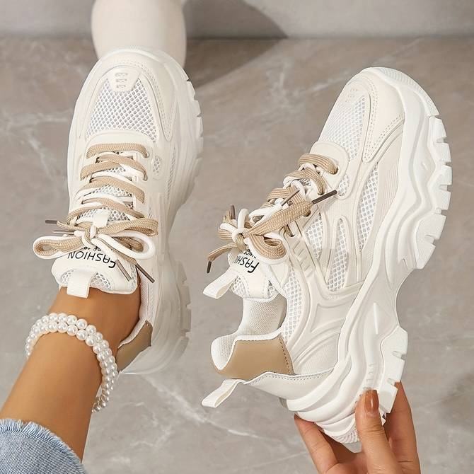 Women’s Stylish Mesh White Sneakers with Double Lace | Ideal for Everyday Wear