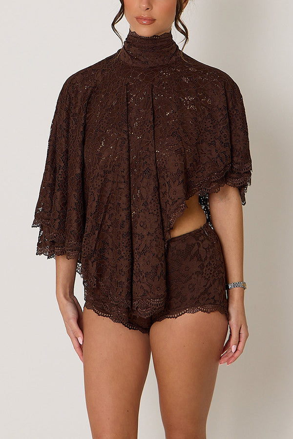 Carmen Lace Bow-tie Round Neckline Ruffle Cape Overlay Top