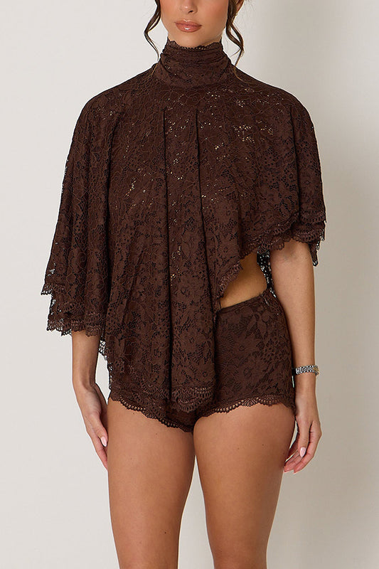 Carmen Lace Bow-tie Round Neckline Ruffle Cape Overlay Top
