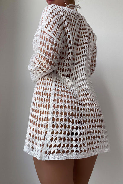 Hollow Knit Long Sleeve Bikini Cover Up