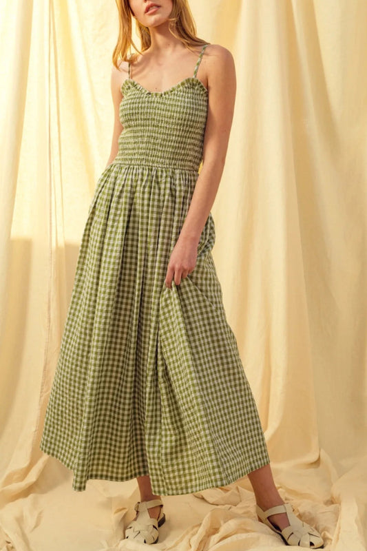 Stylish Plaid Print Spaghetti Strap Ruched Casual Pocket Maxi Dress