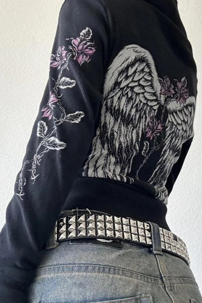 Y2K Grunge Flower Wings Print Hoodie