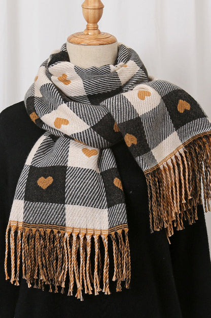 Faux Cashmere Double-Sided Heart Plaid Fringed Scarf