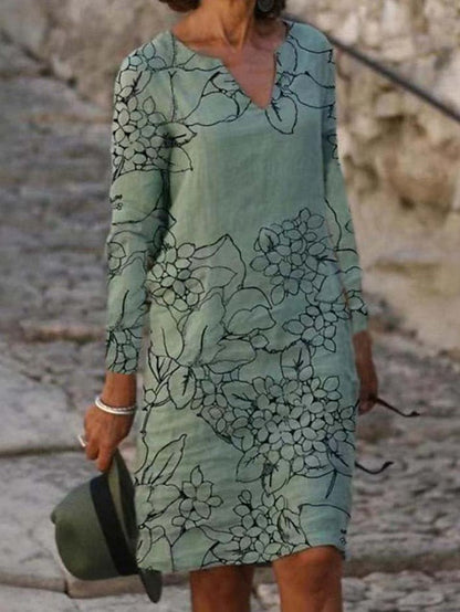 A Line Dress Knee Length Dress White Yellow Pink Long Sleeve Floral Print Winter Fall Autumn V Neck Casual Winter Dress Fall Dress  S M L XL XXL 3XL for Women