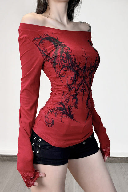 E-girl Dark Print Lace Trim Off Shoulder Slim T-shirt