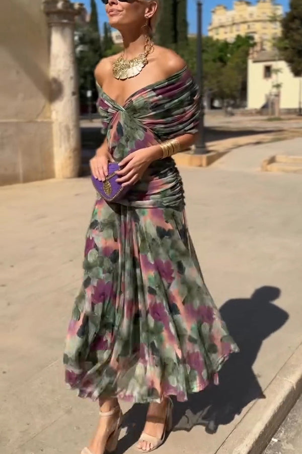 Unique Printed V-Neck Waisted Mesh Holiday Maxi Dress