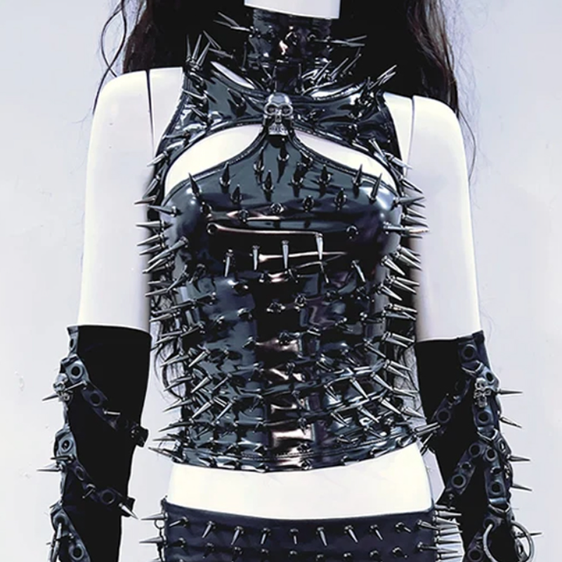 PU leather hollow out rivet applique high neck top  | Festival Outfits Women