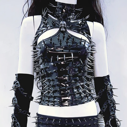 PU leather hollow out rivet applique high neck top  | Festival Outfits Women