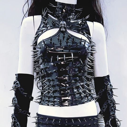 PU leather hollow out rivet applique high neck top  | Festival Outfits Women