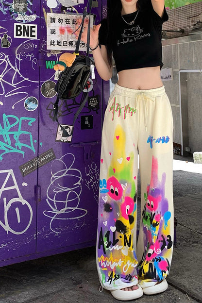 Graffiti Print Drawstring Floor Length Wide Leg Pants